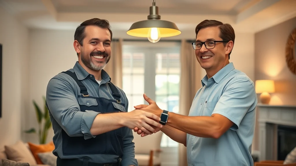 Mississauga homeowner shaking hands with certified electrician in modern living room after high-quality wiring and repairs.