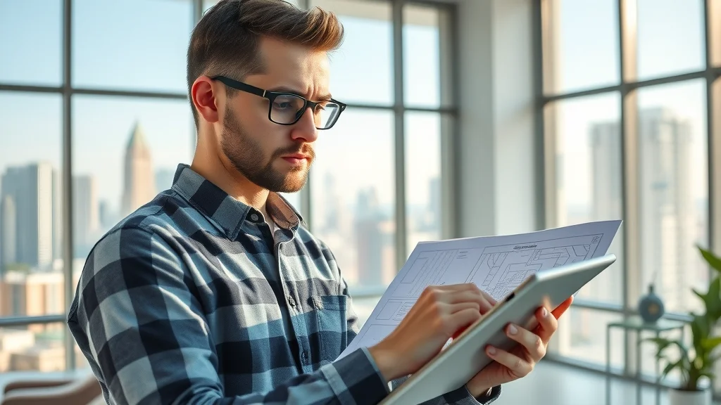 electrical designer in mississauga working on digital blueprints with smart home circuits and city skyline in background, bright daylight, photorealistic