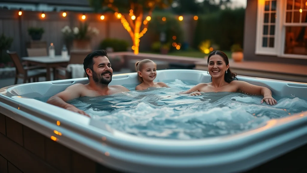 Relaxed family enjoying a safe, professionally wired hot tub in Oakville at dusk.