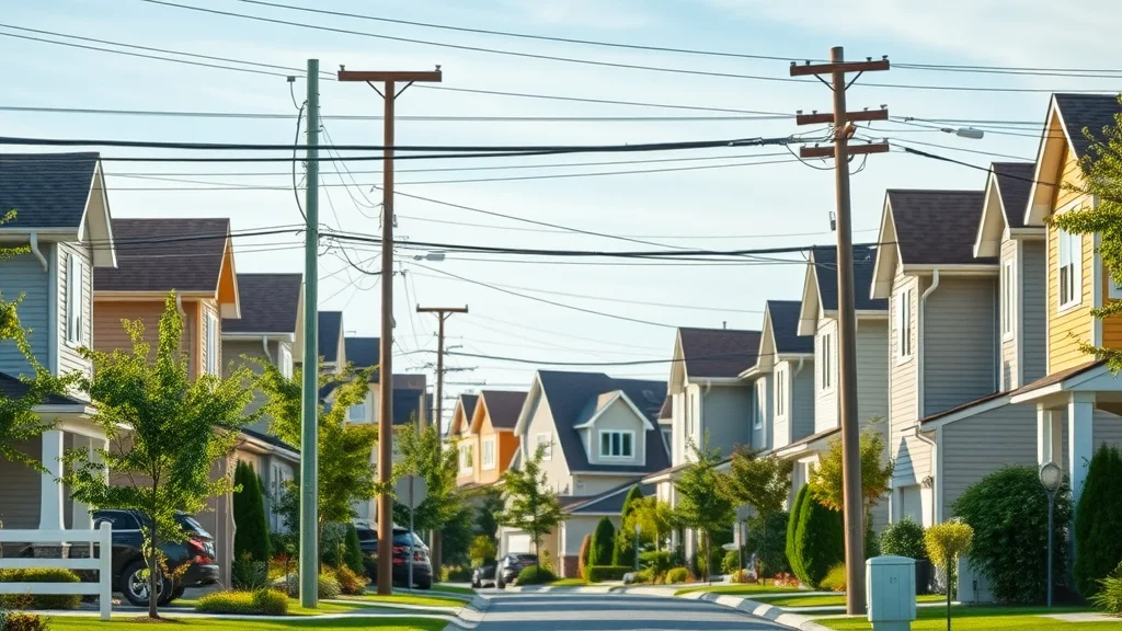 Mississauga suburban street with overhead power lines and homes, illustrating the importance of safe community electrical infrastructure