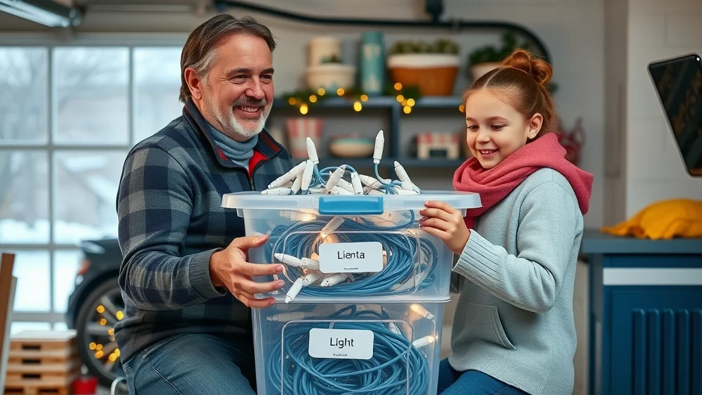 Organized seasonal light storage for electrical safety Oakville in a garage, parent and child teamwork
