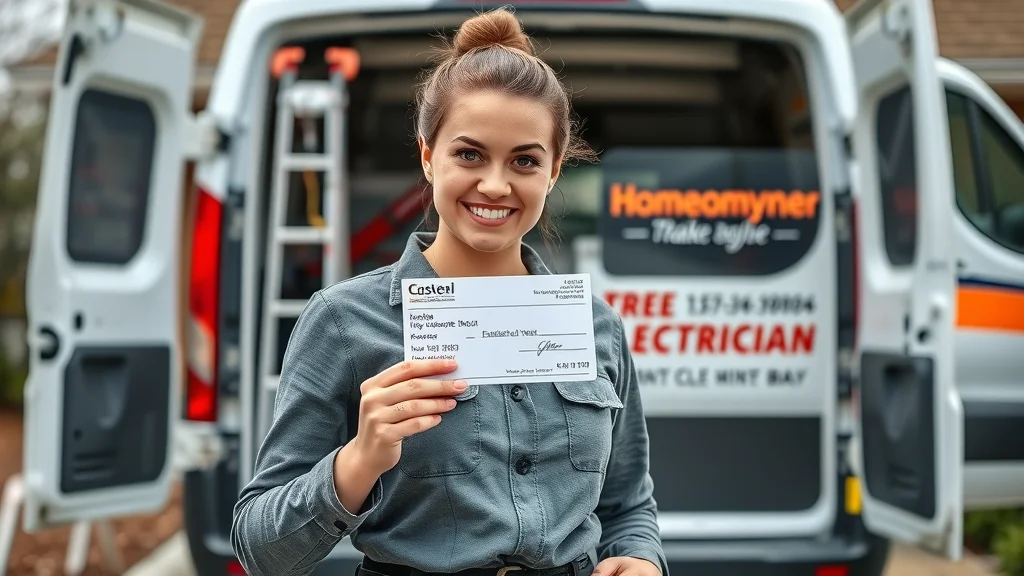 Female licensed electrician in Mississauga displaying trade license in front of branded van