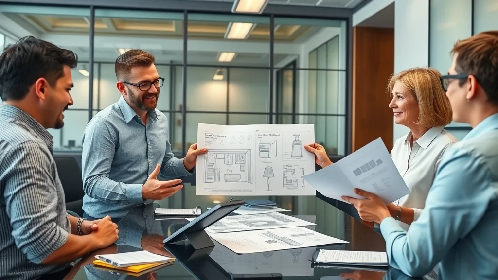 Commercial lighting installation Mississauga consultation with business owners and lighting expert reviewing lighting designs and blueprints in a modern office boardroom.