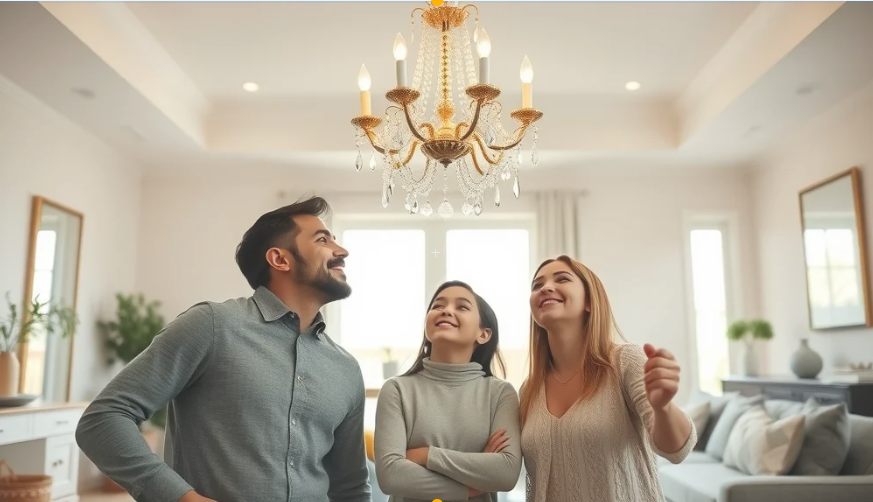chandelier installation burlington chandelier installation Burlington elegant modern chandelier in Burlington living room, bright inviting sunlit open concept interior, family admiring chandelier, sparkling crystals, gold undertones, neutral décor