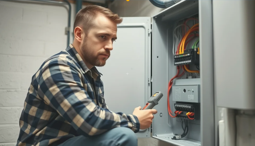 electrical installation burlington Professional electrician inspecting a modern residential electrical panel in Burlington