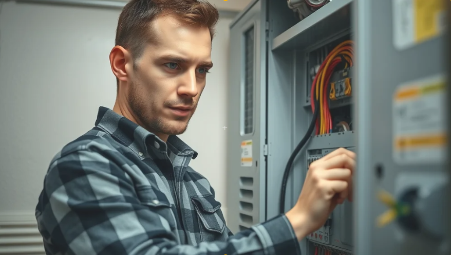 electrician alton village Professional electrician Alton Village inspecting a residential electrical panel with organized tools and labels