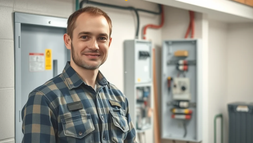 electrician elizabeth gardens Friendly professional electrician Elizabeth Gardens standing next to a modern electrical panel, well-lit home, crisp detail