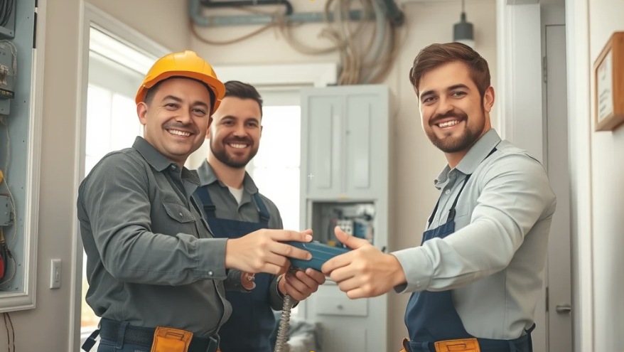 electrician longmoor Professional electrician team at work wiring panel in a modern home - electrician Longmoor services