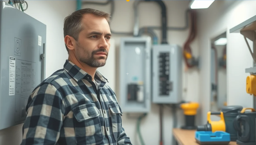 electrician roseland Trustworthy electrician Roseland inspecting circuit breaker panel in residential utility room, emphasizing reliable electrical service