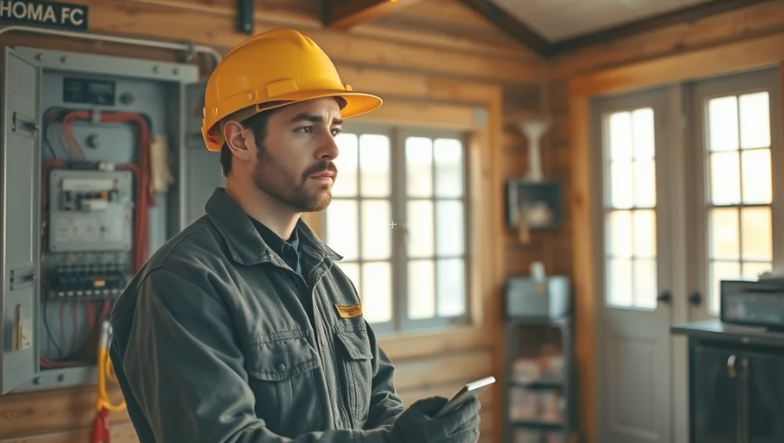 electrician rural burlington electrician rural Burlington inspecting a home's main electrical panel with old and new components, photorealistic cozy rural interior, soft sunlight and organized tools
