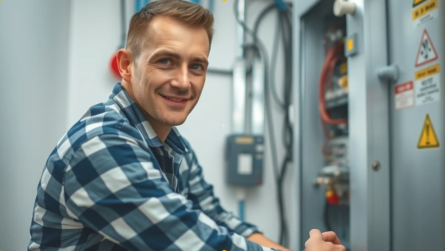electrician tansley Bright, welcoming electrician inspecting a residential electrical panel, focused and attentive, in a modern Tansley utility room.