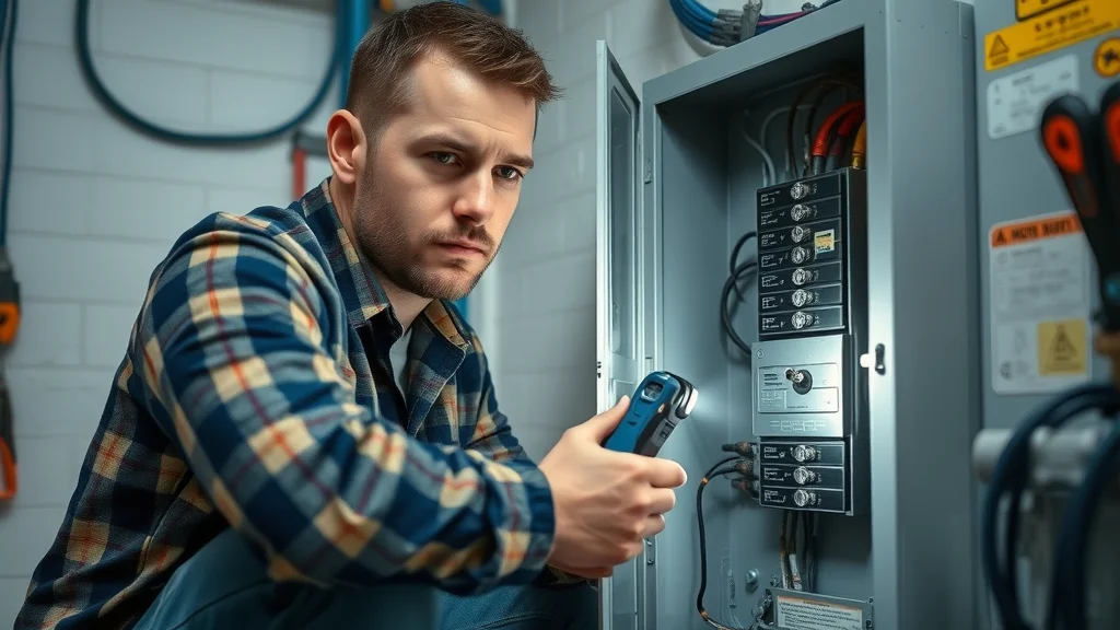 Professional Burlington electrician inspecting home electrical panel and wiring during knob and tube replacement process. Focused on safety and code compliance.