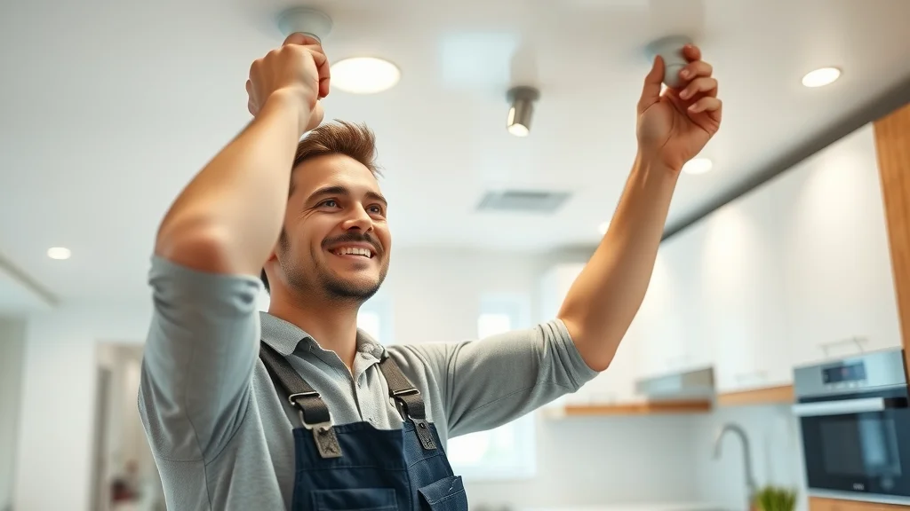 Electrician installing LED recessed kitchen lighting — residential electrical repairs Burlington, modern kitchen environment lighting upgrades