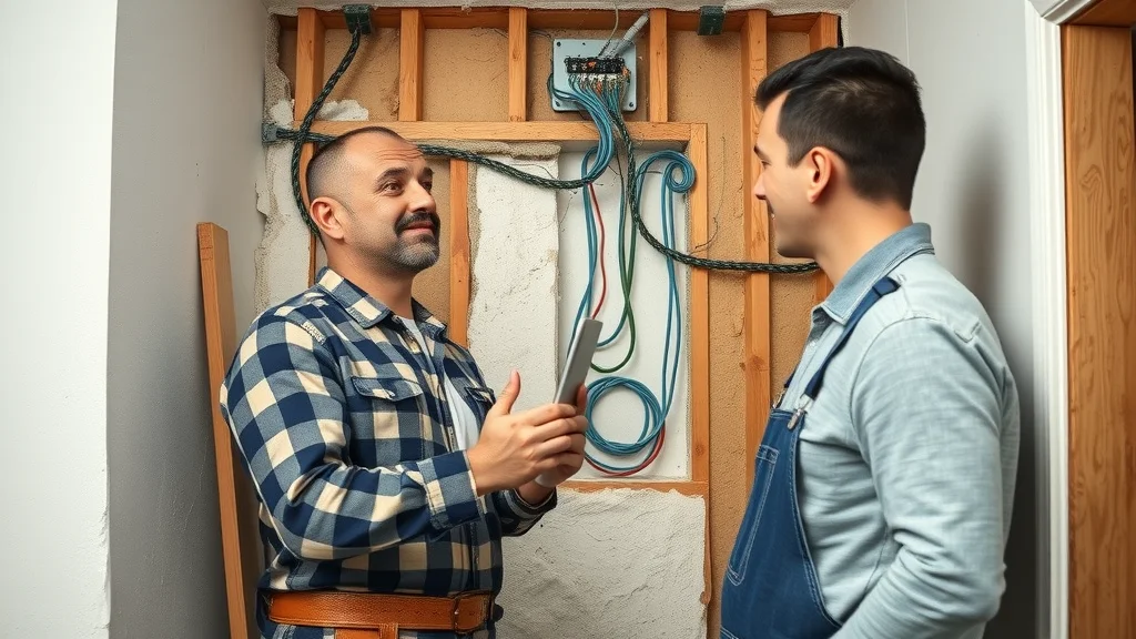 Cutaway view of Burlington home wall showing hidden knob and tube wiring and repair challenges. Alert homeowner consulting with electrician about wiring upgrades.