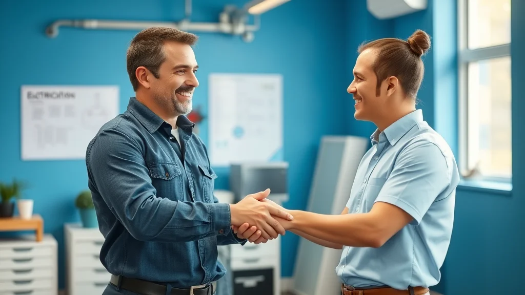 Modern electrician Oakville consulting with a client during a free estimate visit in a professional office with blue accent walls.