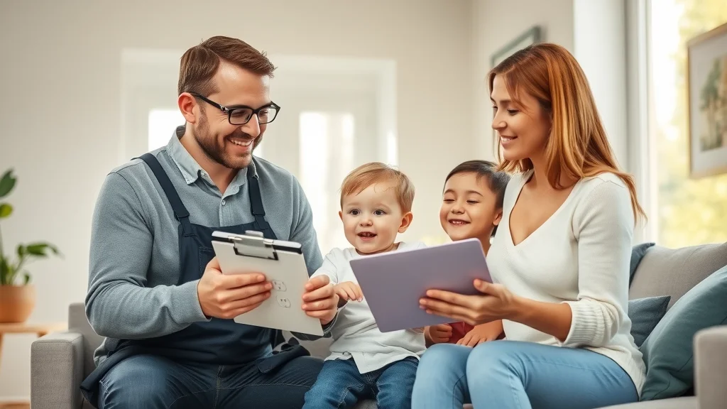 Electrician faqs oakville: Happy family with electrician reviewing electrical safety checklist in Oakville living room, visible outlet safety covers, inspection tools, under natural sunlight