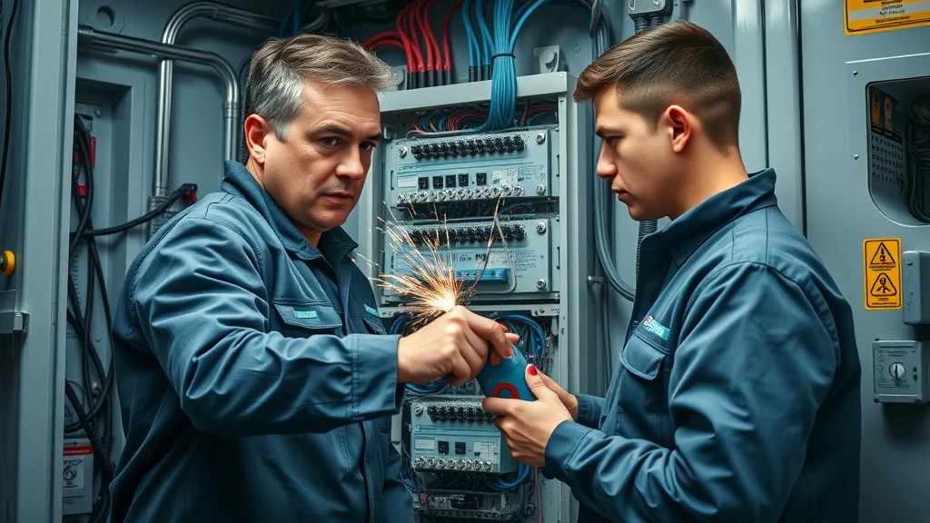 Licensed electrician Oakville team working on a complex electrical panel during on-the-job training