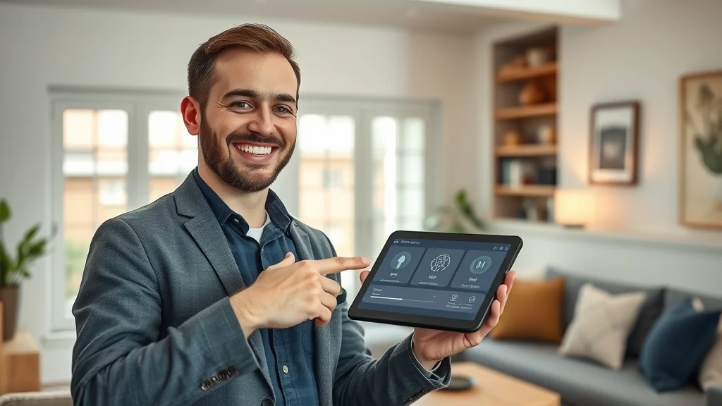 Modern electrician Oakville explaining digital smart home energy solutions to a homeowner in a well-lit, contemporary living room.