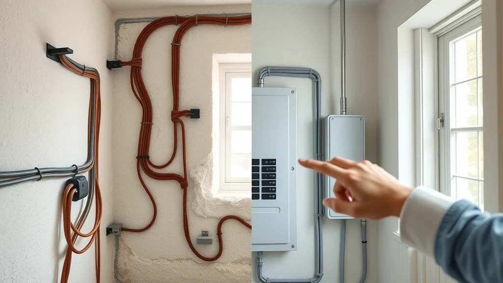 Comparison of old knob and tube wiring versus modern plastic-sheathed electrical wiring in a Burlington home. Cross-section shows exposed tube wiring and organized modern wires with a hand pointing to a breaker box.