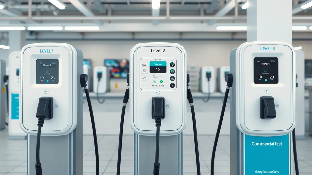 Three types of EV charging stations in Burlington: Level 1 cord, Level 2 wall unit, Level 3 DC fast charger in retail setting