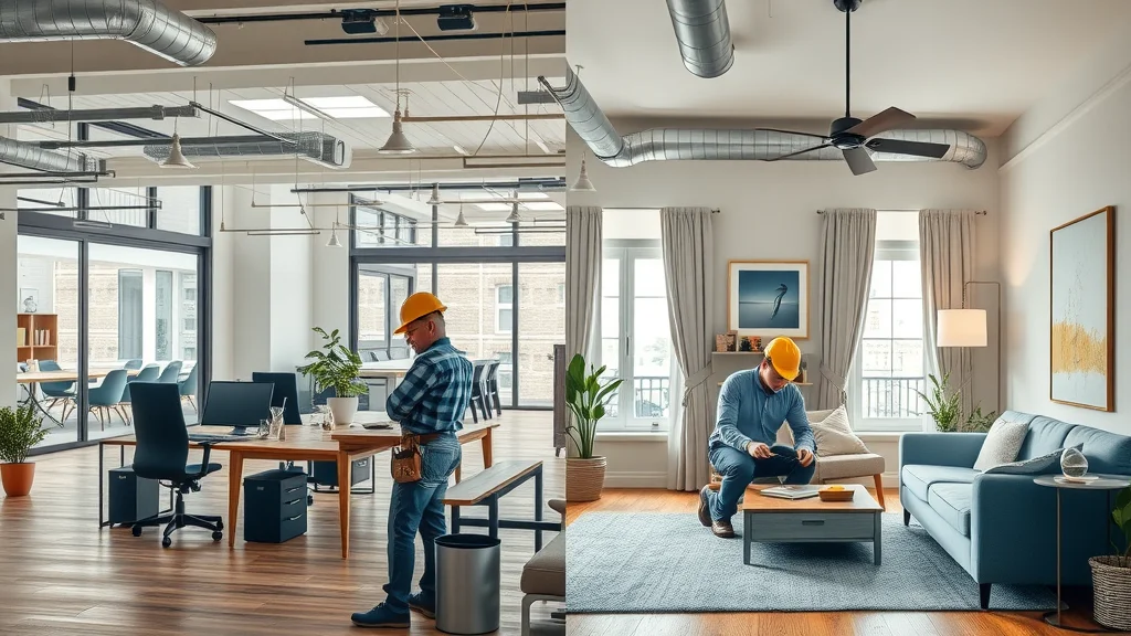 Split-image showing commercial electrical project and residential electrician work for best electrician in Oakville reviews