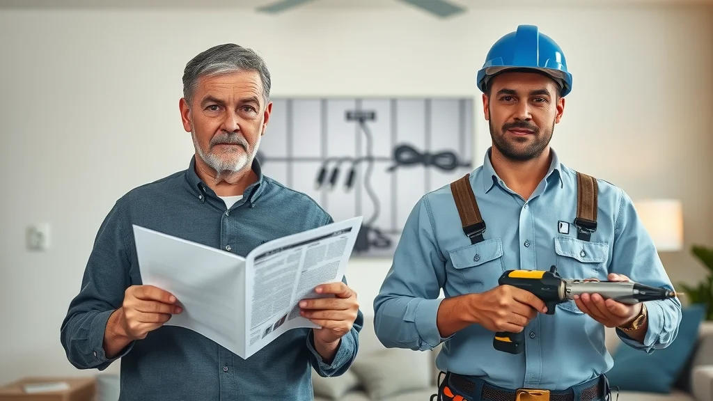 Electrical troubleshooting Oakville: Homeowner contemplating DIY electrical work, contrasted with a confident licensed electrician using tools, safe vs risky electrical repair scene