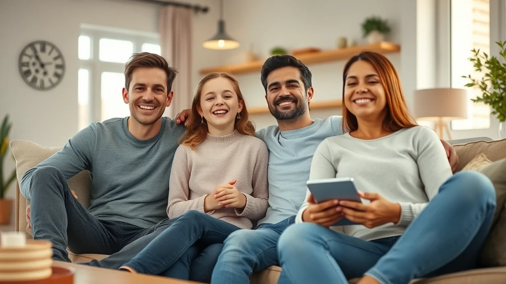 Happy family in a safe, modern living room after electrical repairs, best electrician near me Burlington