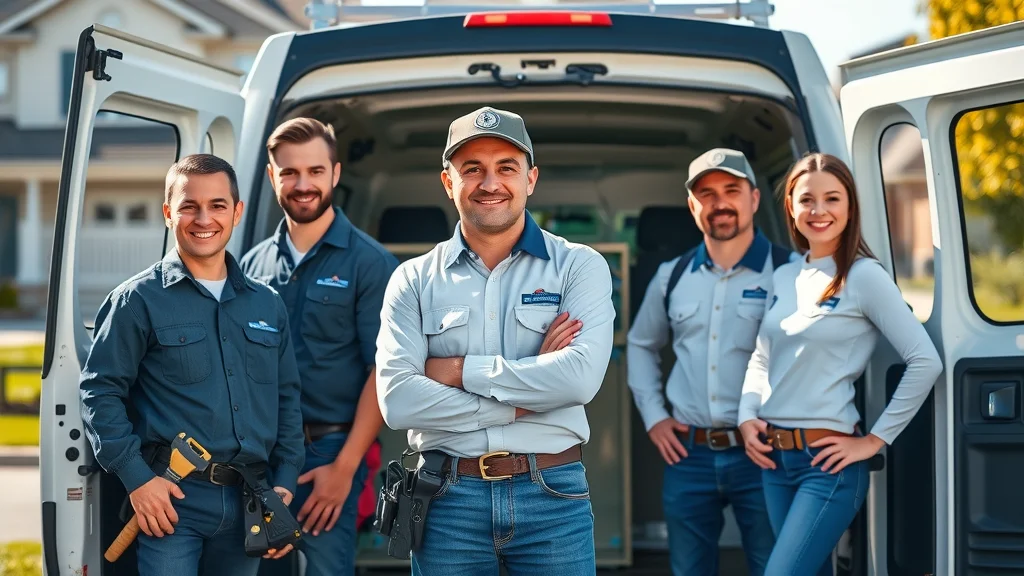 Professional Oakville electrician team in branded uniforms, confident stance, with equipment for electrical services and customer service