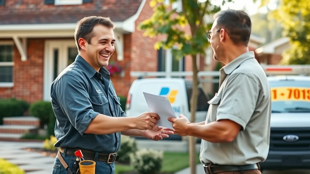 Friendly licensed Burlington electrician greeting homeowner outside a red-brick house. Focus on professionalism and local experience.