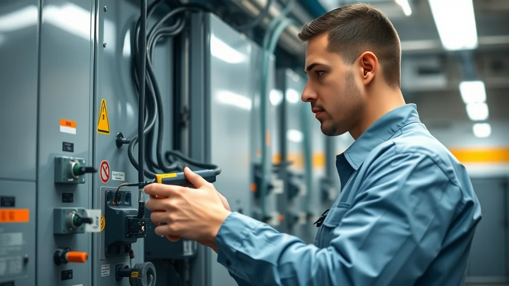Licensed electrician conducting electrical safety inspection Oakville in a sleek commercial office, checking control panels for safety code compliance