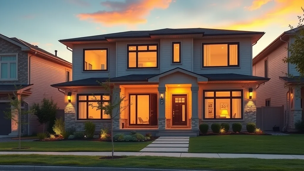 Modern Oakville detached home exterior reflecting electrical safety after inspection, with warm glowing lights at sunset