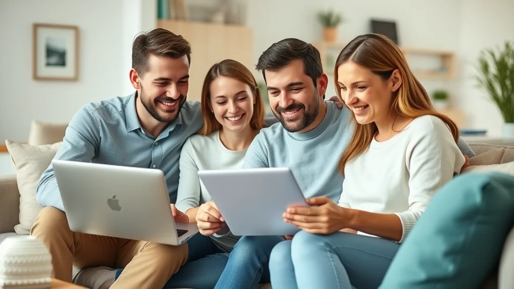 Happy family leaving an online review for residential electrical repairs Burlington — Customer satisfaction with Burlington electrical services