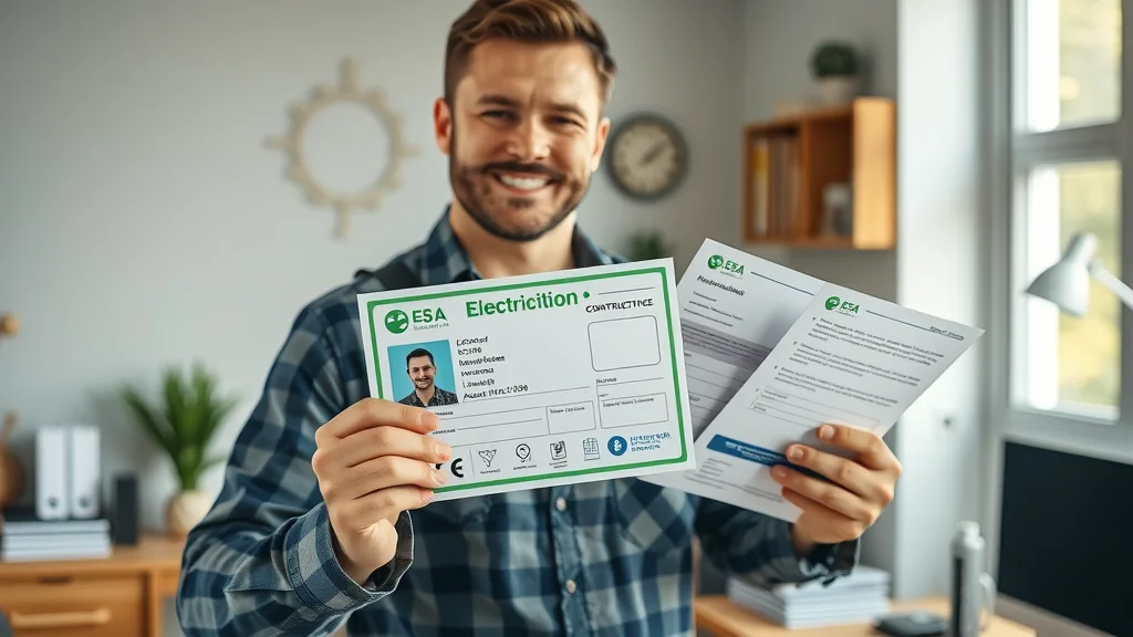 Mississauga certified electrician displays ECRA/ESA license, insurance documentation, and reviews in professional office