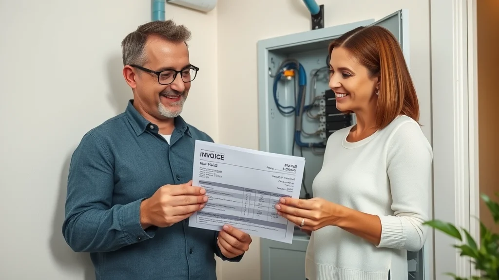 Canadian homeowner and licensed electrician reviewing AFCI breaker installation invoice in Toronto home utility room