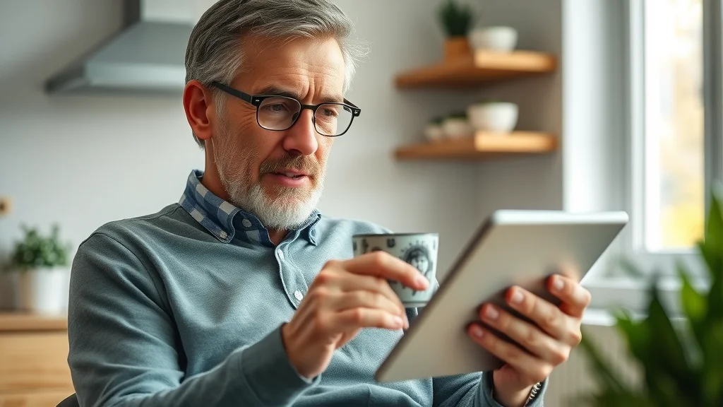 Oakville resident analyzing customer reviews on tablet, researching best electrician in Oakville reviews