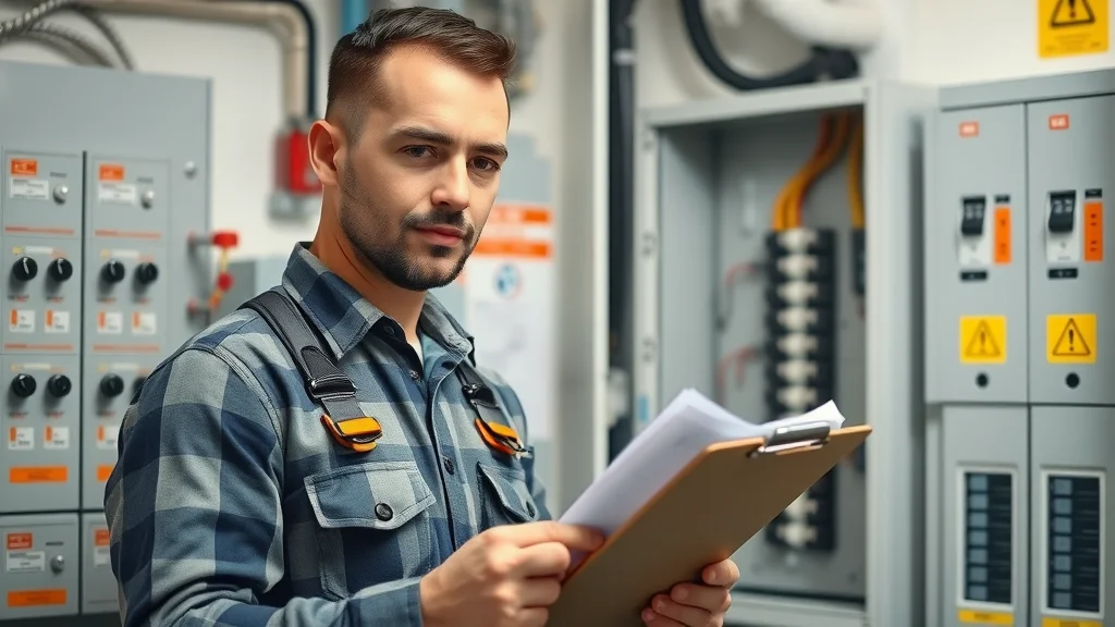 Electrician with clipboard conducting thorough home electrical inspection Etobicoke in modern utility room