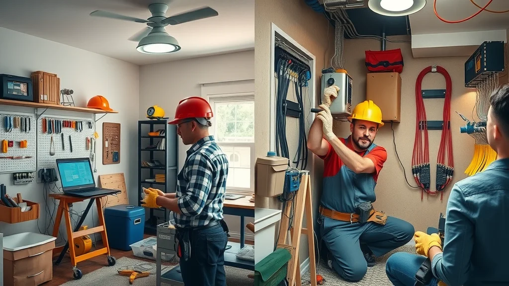 Side-by-side electrical repairs — Certified electrician in organized workspace vs. unlicensed worker in cluttered area, Mississauga home