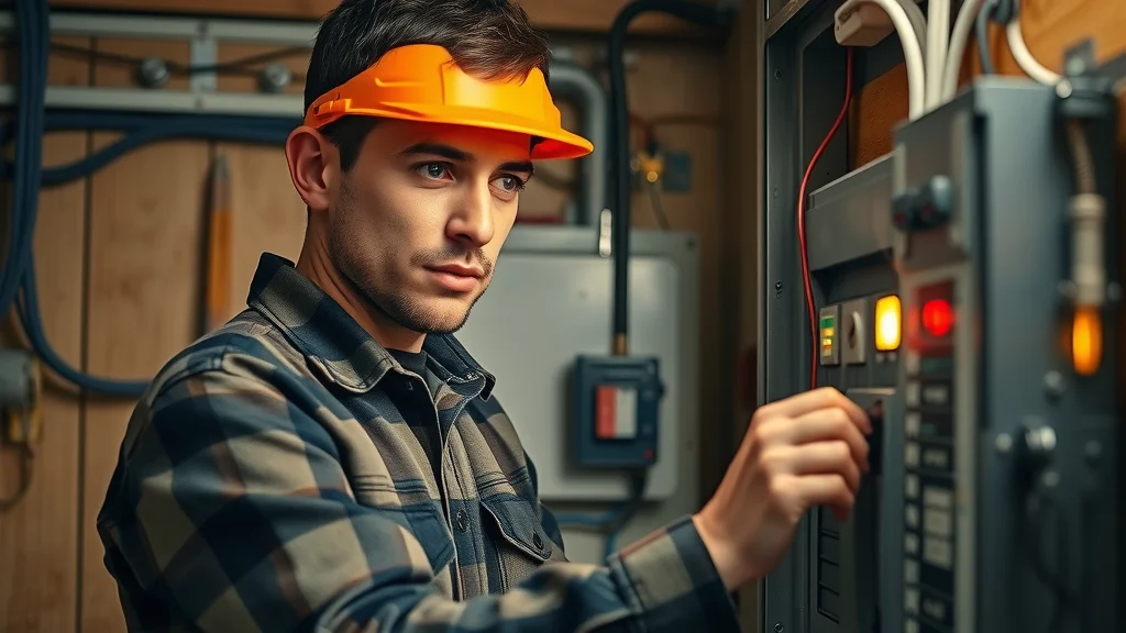 Electrician inspecting breaker panel with toolbox — residential electrical repairs Burlington, focusing on panel upgrades and safety checks
