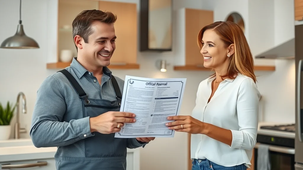 Electrician faqs oakville: Licensed electrical contractor showing homeowner approved permit paperwork for Oakville home electrical upgrade, bright kitchen with modern fixtures