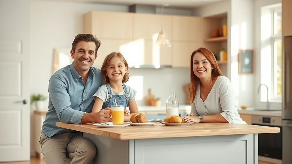 Happy family near new electrical panel after Burlington panel upgrade