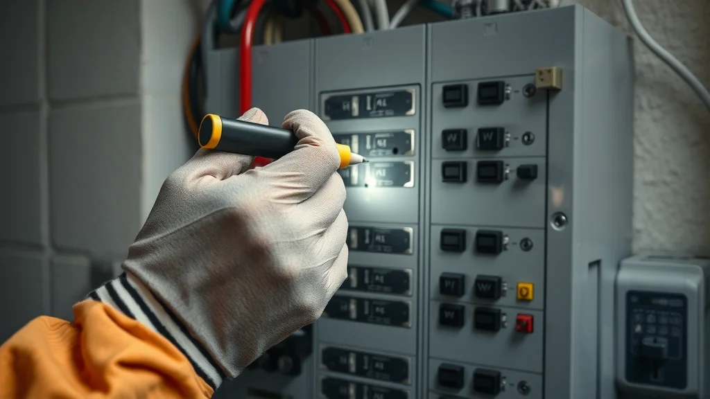 Close-up of hands using a voltage detector during electrical safety inspection Oakville on a basement breaker panel