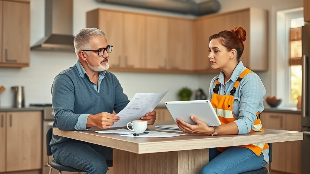 homeowner interviewing electrician in Oakville kitchen reviewing electrical renovation plans