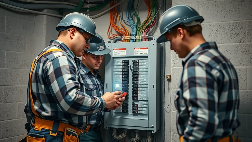 Certified electrical contractor Mississauga - Team upgrades modern electrical panel in clean basement environment