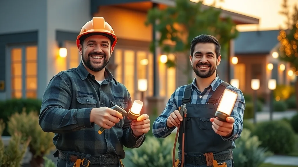 Electricians installing LED outdoor lighting, outdoor lighting Burlington