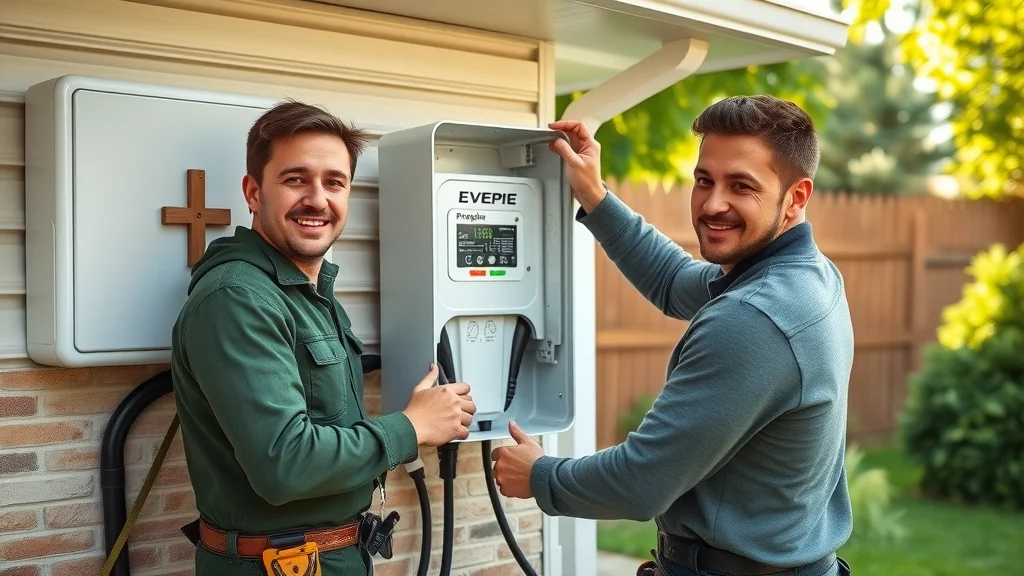 Two installers mounting Level 2 EV charging station outside Burlington home, showing collaborative charger installation process