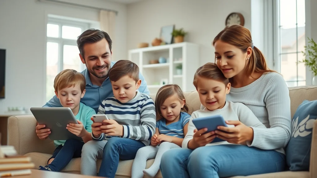 Oakville family peaceful confident look with children using electronic devices surge-protected outlets visible