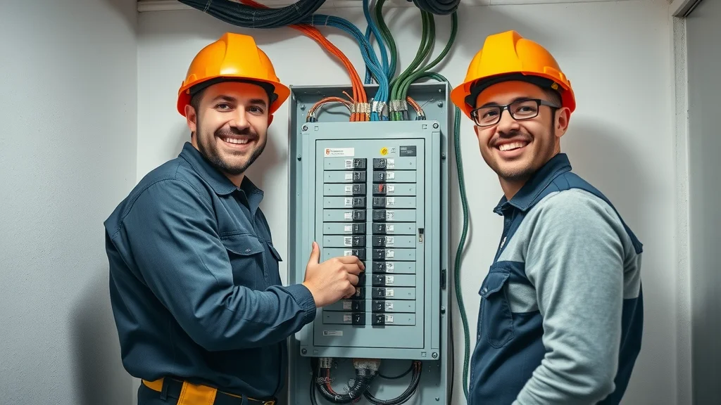 Two electricians installing modern electrical panel in a newly renovated Etobicoke basement with tools, safety equipment, cool lighting, photorealistic.
