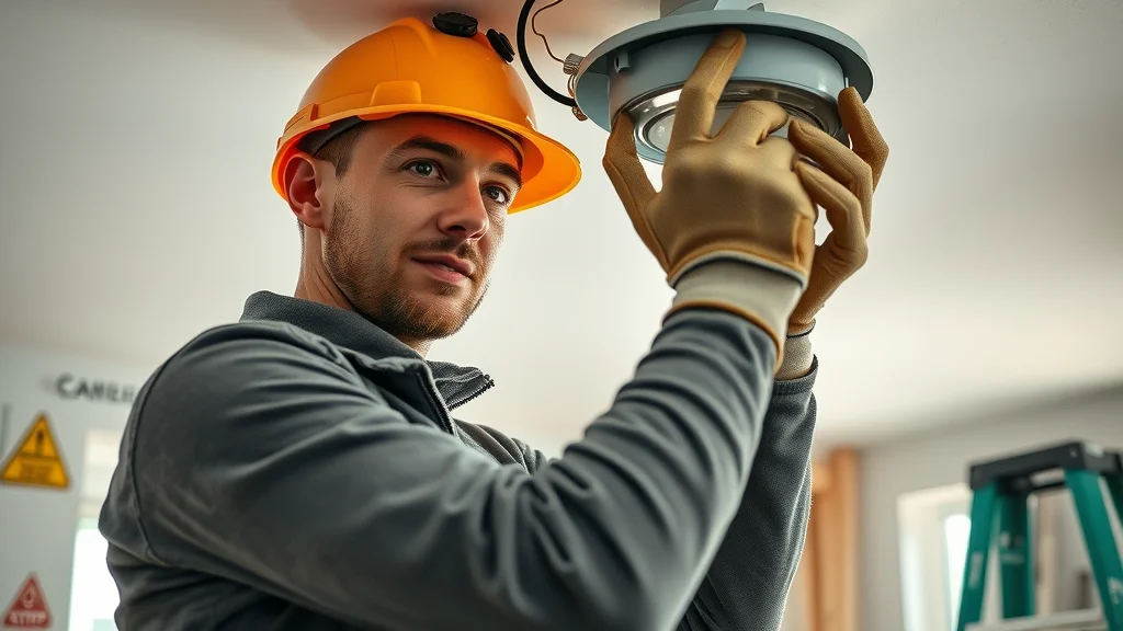 Licensed electrician safely installing a ceiling pot light in Etobicoke home with all safety equipment.