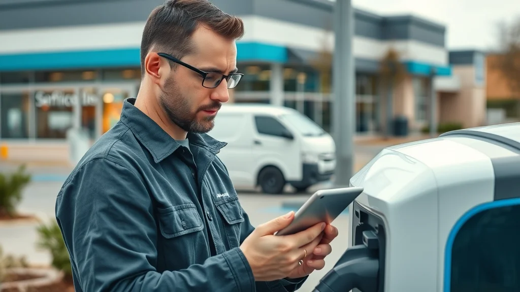 Expert technician performing EV charger maintenance at a Mississauga retail business parking lot with diagnostic tablet.