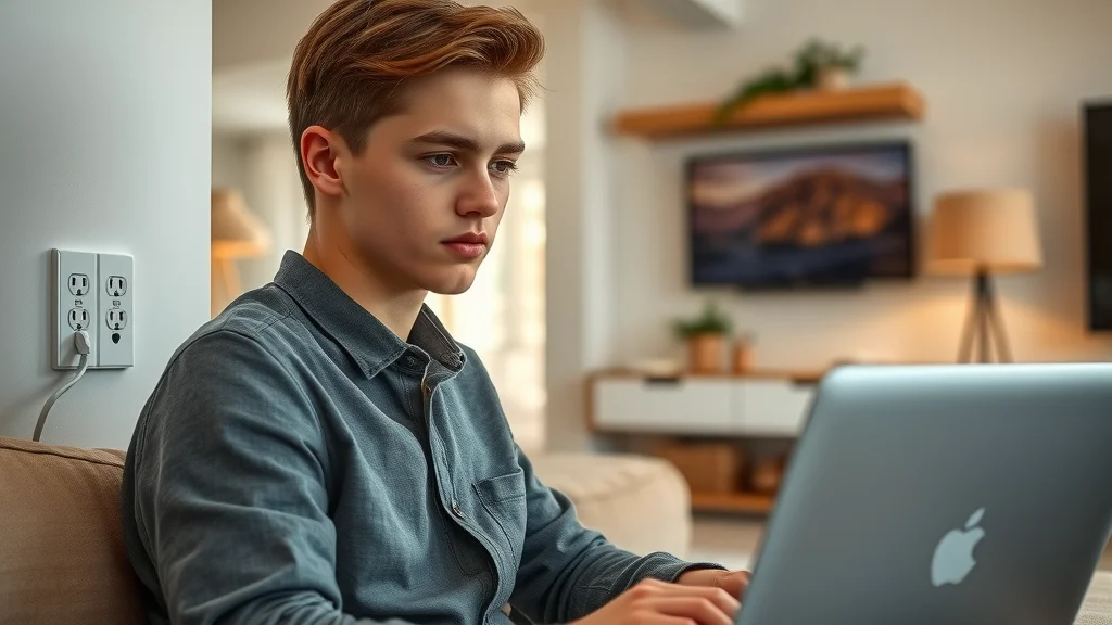 surge protectors Oakville living room with laptop and TV plugged into wall with surge protectors visible